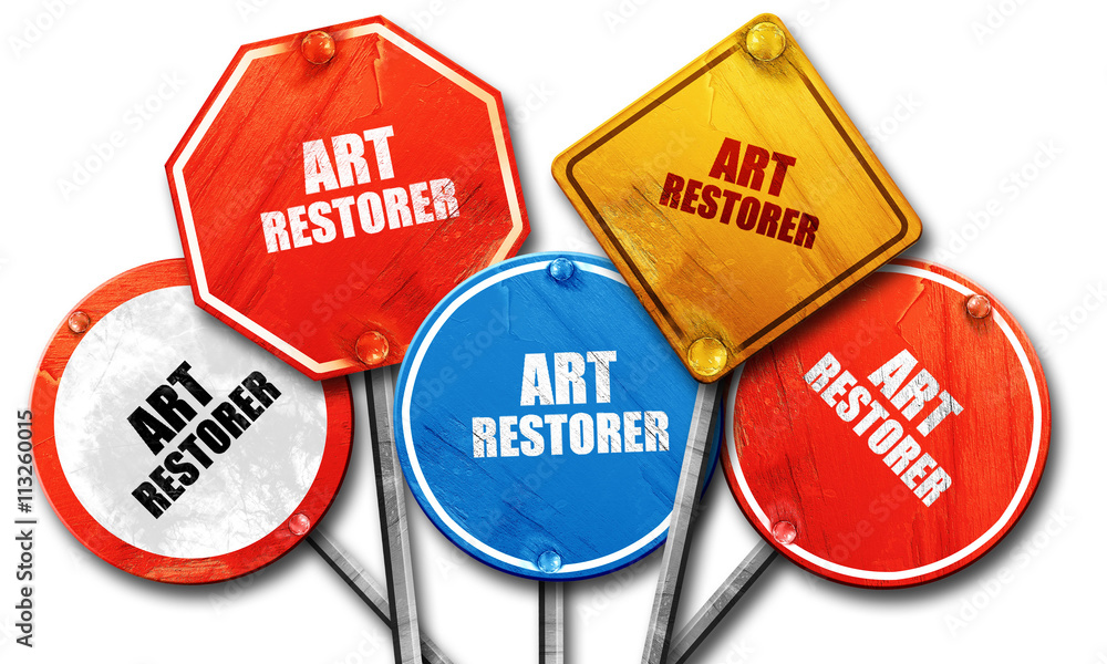 art restorer, 3D rendering, rough street sign collection art restorer, 3D rendering, rough street sign collection