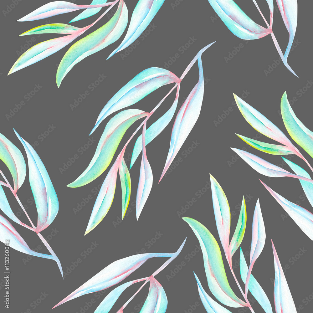 Seamless floral pattern with the abstract watercolor blue branches, hand drawn on a grey background