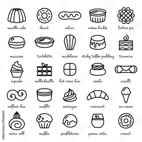 line icon set of world best desserts and sweets