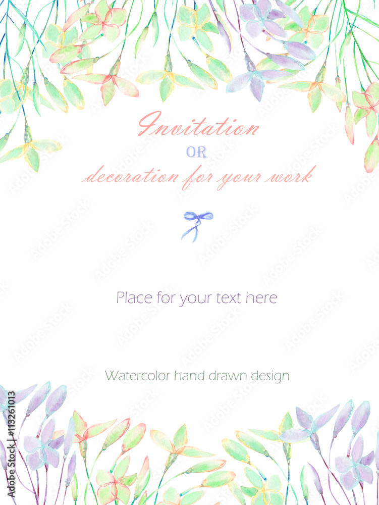 Obraz Background, template postcard with the abstract watercolor purple, pink and yellow wildflowers, hand drawn on a white background, background for your card and work