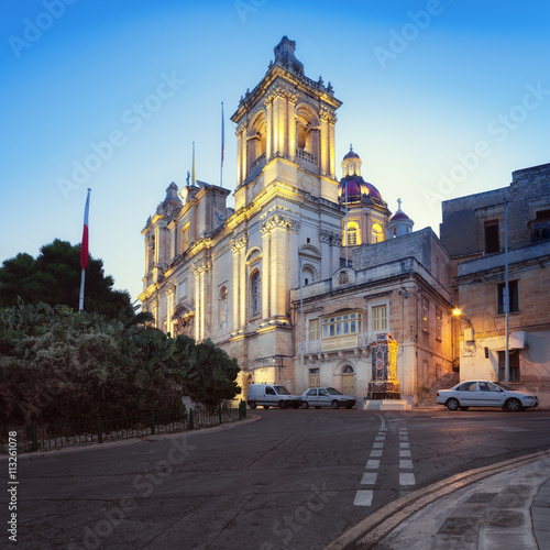 Illuminated St. Lawrence Church in Vittoriosa, Malta