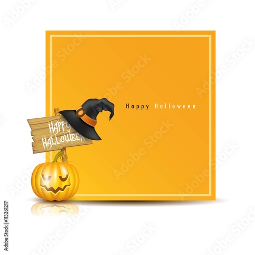 Realistic halloween signboard with pumpkins and hat