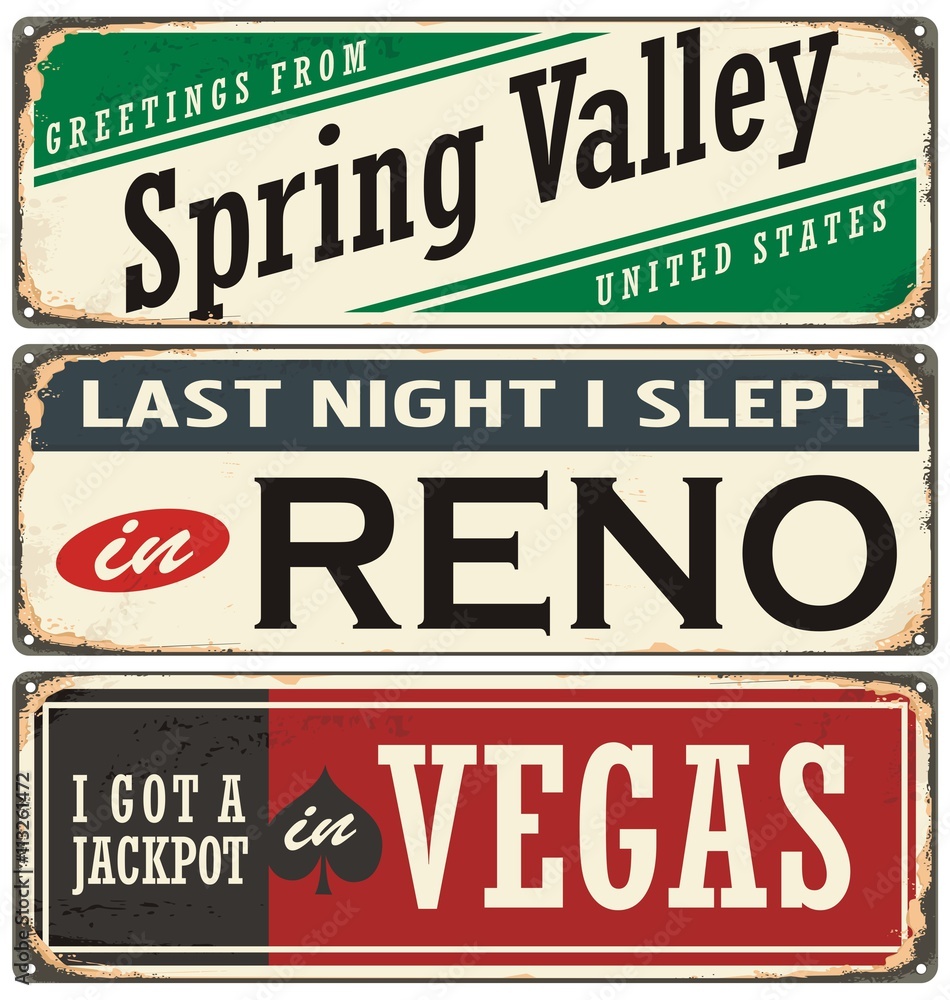 Retro tin sign collection with USA city names Retro tin sign collection with USA city names
