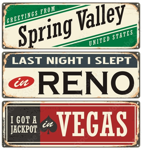 Photography Retro tin sign collection with USA city names