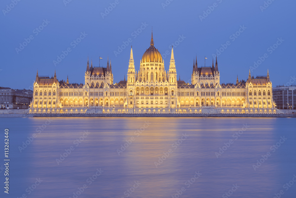 Parliament building at night in Budapest, Hungary