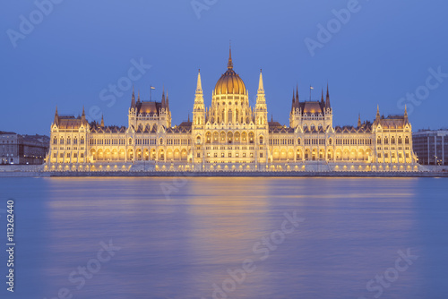 Parliament building at night in Budapest, Hungary
