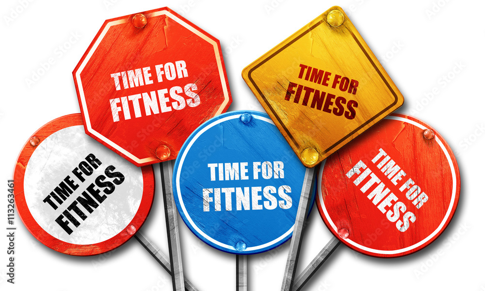 time for fitness, 3D rendering, rough street sign collection time for fitness, 3D rendering, rough street sign collection
