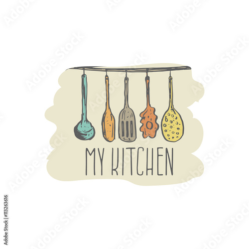 Concept hand drawn logo illustration for themed kitchen with ute