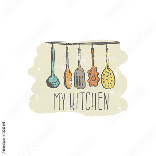 Concept hand drawn logo illustration for themed kitchen with ute