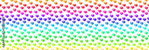 seamless banner of small hearts in horizontal stripes of vibrant rainbow colours on a white background (format 3x1, 3d illustration)  © dottedyeti