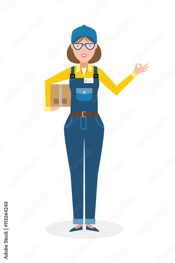 Delivery woman with parcel and ok gesture. Fast transportation. Isolated cartoon  character on white background. Postwoman, courier with package and ok.  Stock Vector | Adobe Stock