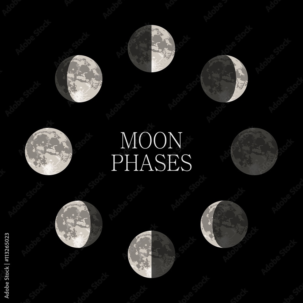 Obraz premium Moon phases night space astronomy and nature moon phases sphere shadow. The whole cycle from new moon to full moon. Gibbous vector