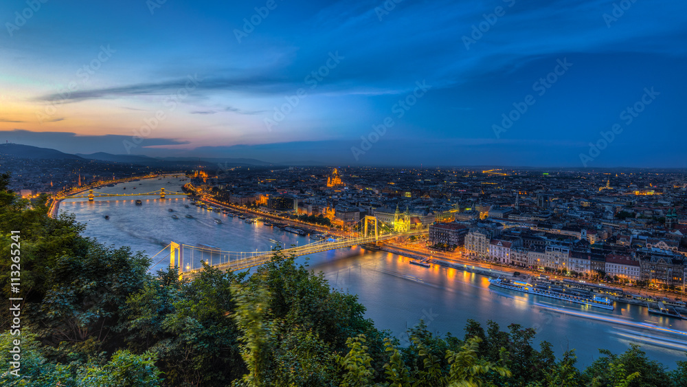 Night view of Budapest,Hungary with Elisabeth brudge over Danube river from fortress Citadel