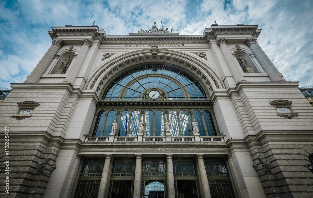 The front facade of East Railway (Keleti) station in Budapest,Hungary.