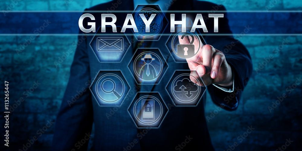 Fotografie Cyber Security Investigator Pressing GRAY HAT