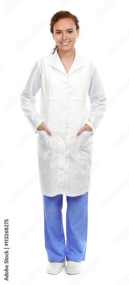 Beautiful African American female doctor on white background Beautiful African American female doctor on white background