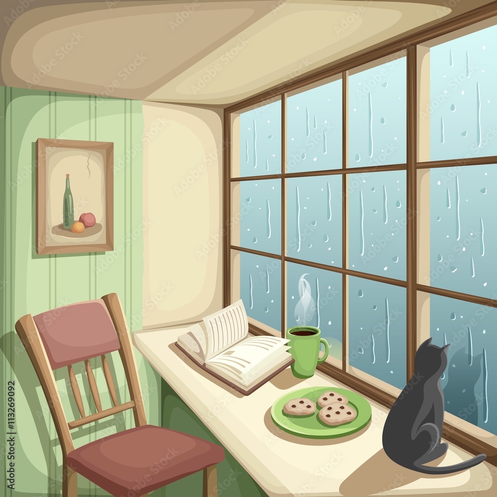 Vector illustration of a cozy room and rain outside the big window.