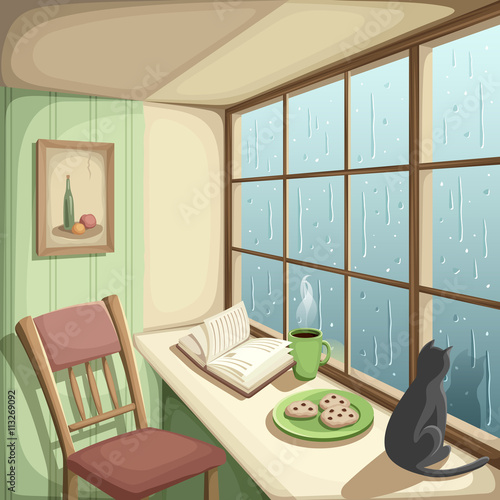 Vector illustration of a cozy room and rain outside the big window.