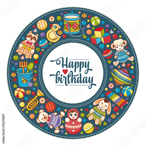 Children's colorful round frame.  Baby background. Happy birthday greeting card. Digital vector image for invitations, wrapping. 