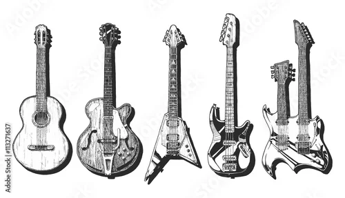 Obraz zestaw gitar akustycznych i elektrycznych