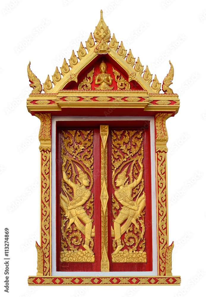 golden angle sculpture on Thai temple window over white backgrou