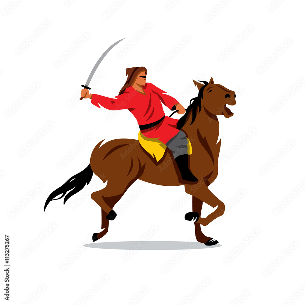 Mongolian Warrior with saber on horseback. Vector Cartoon Illustration. 