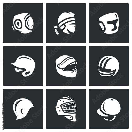 Vector Set of Sports hat, cap and headband Icons. Kudo, Muay Thai, Boxing, Baseball, Motor racing, American Football, Swimming, Hockey, Goalie, Jumping.
