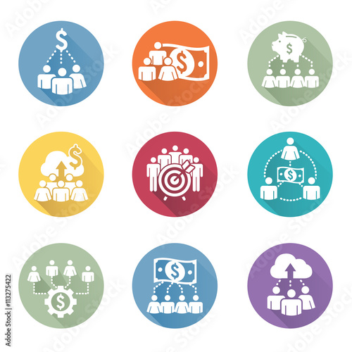People Working Together to Fund Different Online Ideas with Money Icon Set