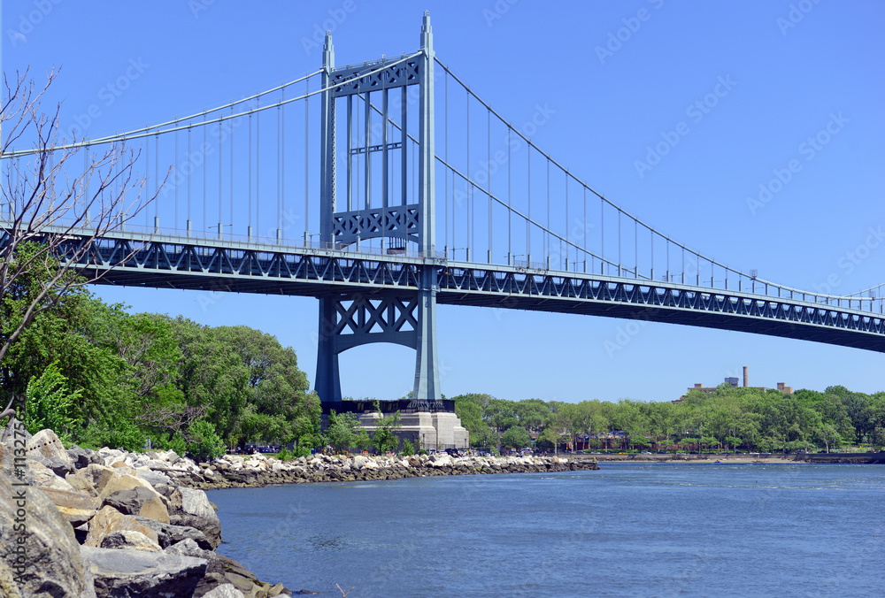 The RFK Triborough Bridge spanning over Randall's Island, consists of three bridges in New York City, connecting the boroughs of the Bronx, Queens and Manhattan 