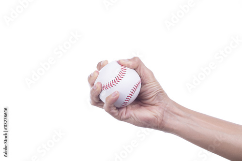 Wall Mural Close-up of player's hand holding baseball on white background
