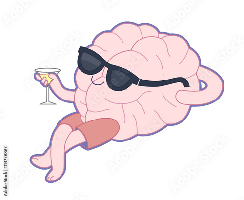 Relaxing with a glass of alcohol drink flat cartoon vector illustration - a brain lying with a glass of vermouth wearing shorts and sunglasses. Part of a Brain collection.