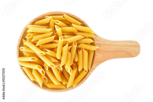 Pene Lisce pasta in wooden plate on white background