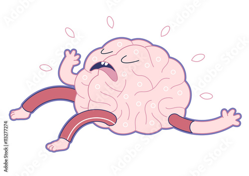 Exhausted brain lying on its back - flat cartoon vector illustration. A part of the Brain collection.