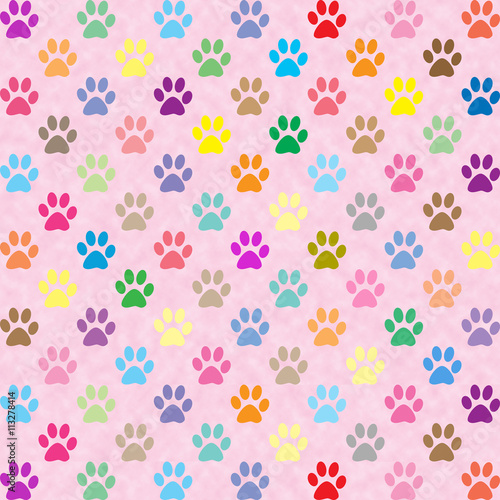Cute colorful puppy paw prints on pink background