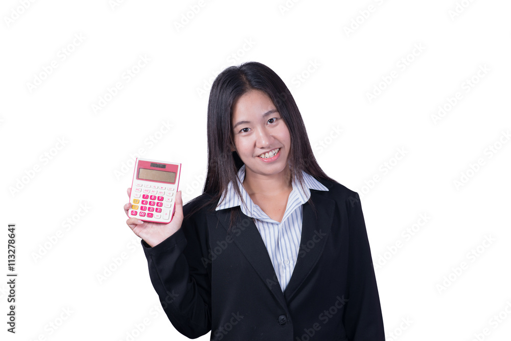 Portrait of young Asian woman with calculator. Portrait of young Asian woman with calculator.