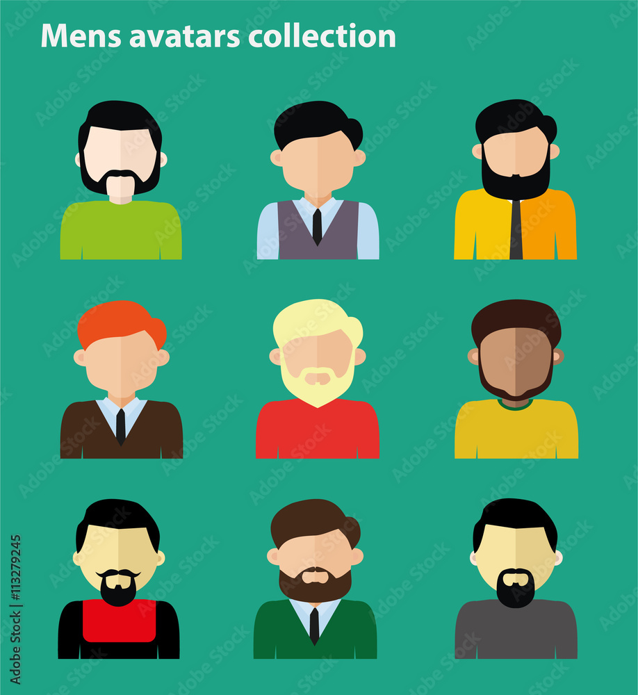Flat mens avatar collection, set of people icons flat style