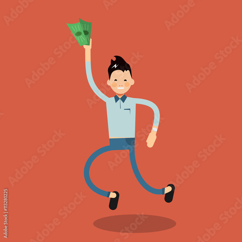 Male character rejoices win with money in hands of the winner