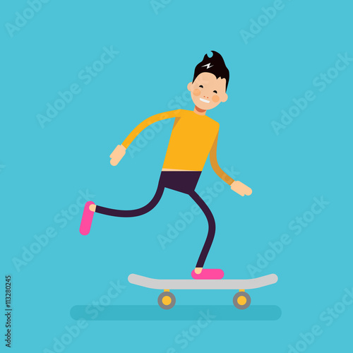 Vector male character in flat style - boy riding skateboard