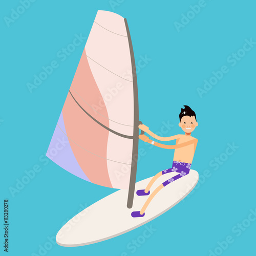 vector male character in flat style - boy windsurf