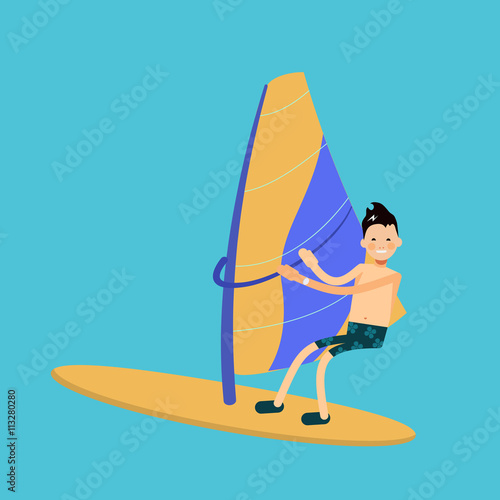 vector male character in flat style - boy windsurf