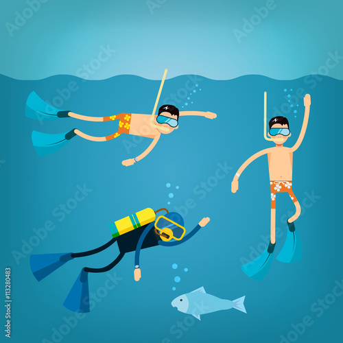 set of vector characters floating in the water with mask and fli