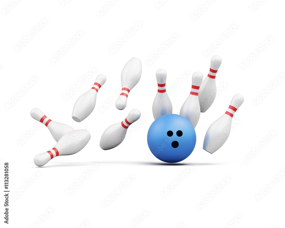 Bowling ball smashes into the pins on white background. Falling skittles. 3d rendering Bowling ball smashes into the pins on white background. Falling skittles. 3d rendering
