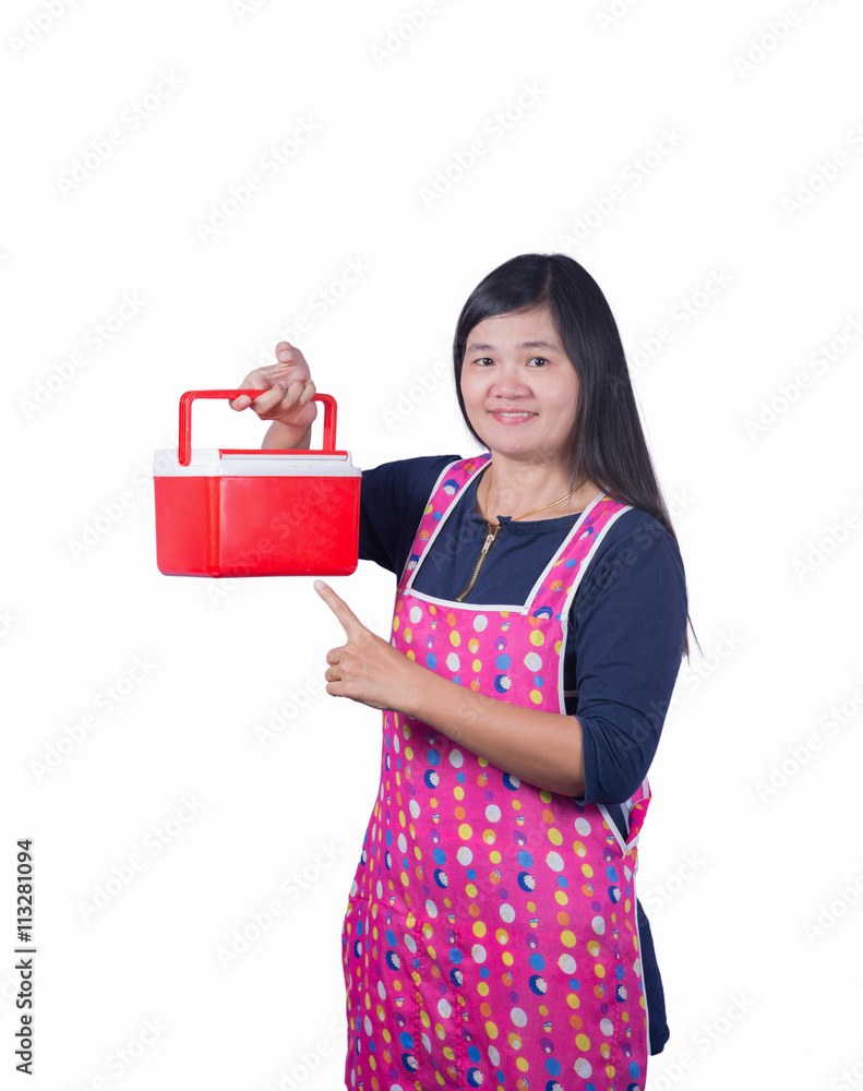 Women wearing apron holding a ice bucket on hand. Women wearing apron holding a ice bucket on hand.