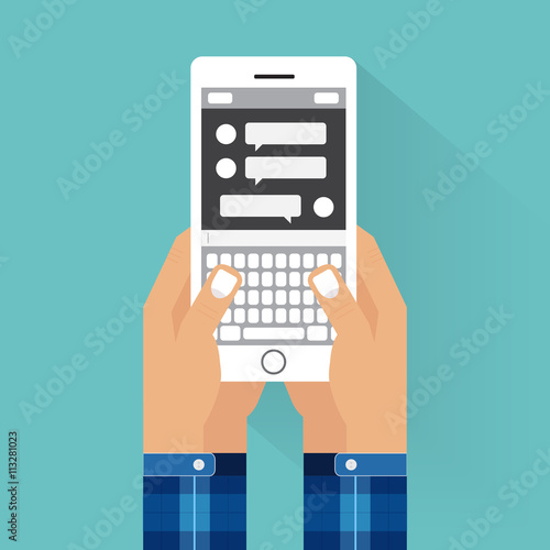 Hands typing on vertical cell phone vector