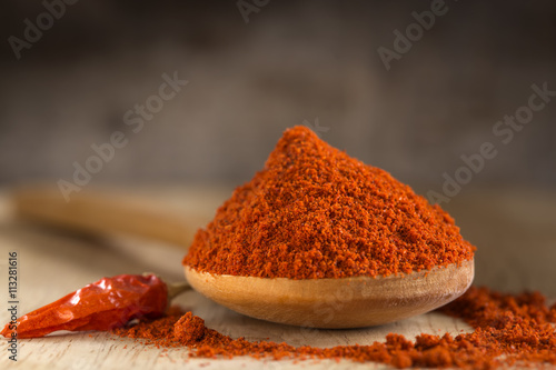 Spoon filled with red hot paprika powder