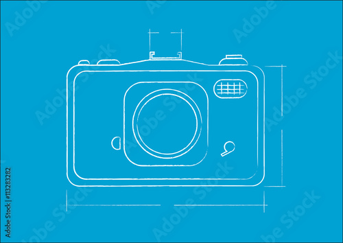 Camera  engineering specs in blue print plan. Editable Clip Art. 
