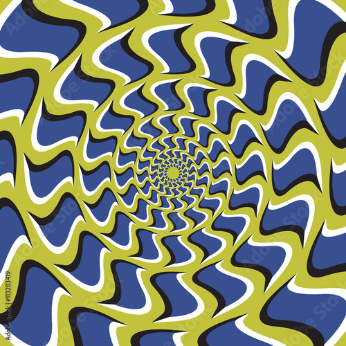 Optical illusion background. Blue hooks revolves circularly from the center on green background.