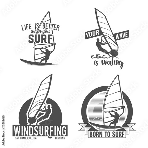 set of windsurfing badges and logos