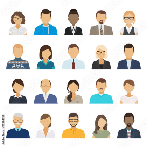 Business people flat avatars. Men and women business and casual clothes icons. Vector illustration