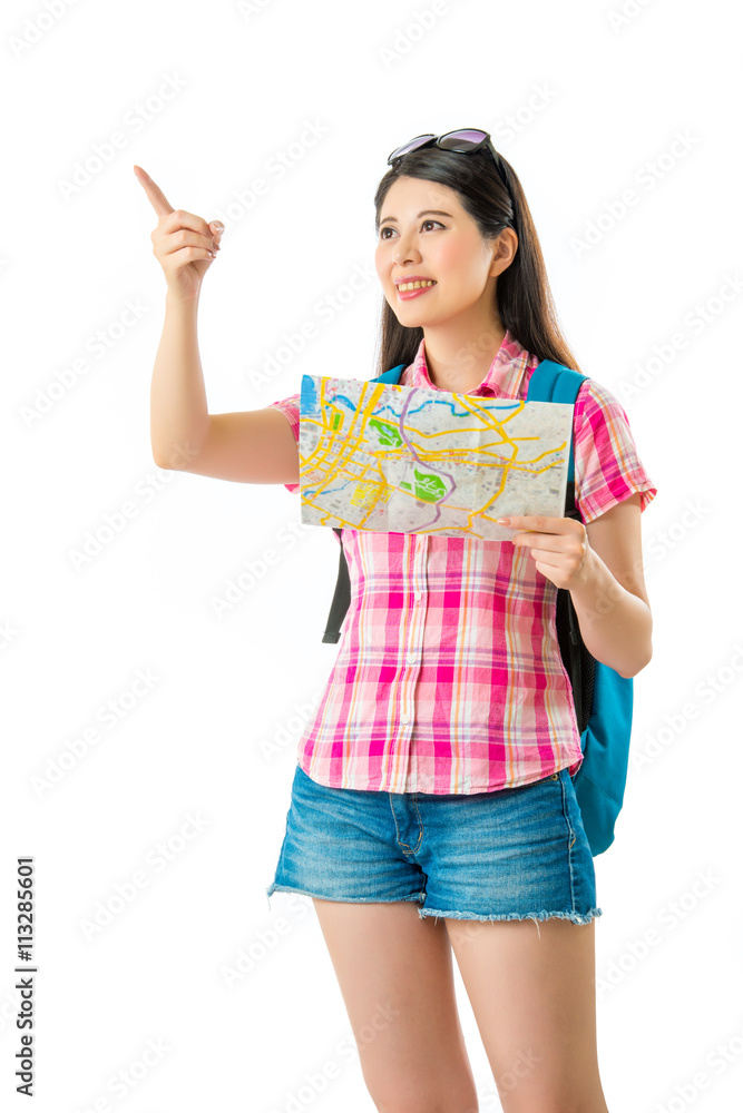 Happy asian woman tourist with pointing gesturing Happy asian woman tourist with pointing gesturing